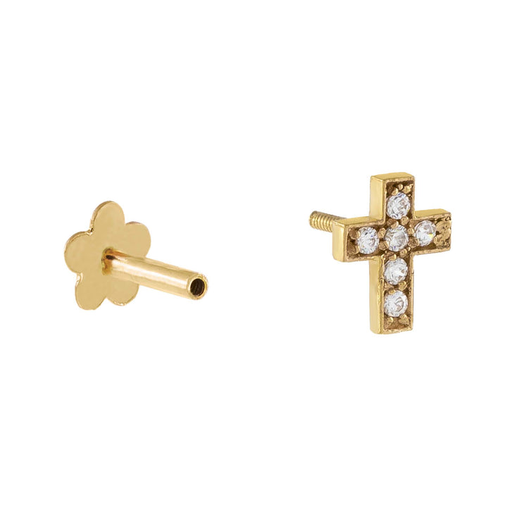 14K Gold / Single CZ Cross Threaded Stud Earring 14K - Adina Eden's Jewels