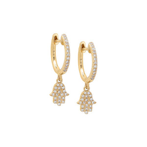 14K Gold / Pair Diamond Dangling Pavé Hamsa Huggie Earring 14K - Adina Eden's Jewels