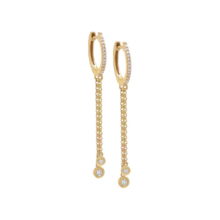 14K Gold / Pair Diamond Dangling Double Bezel Chain Huggie Earring 14K - Adina Eden's Jewels
