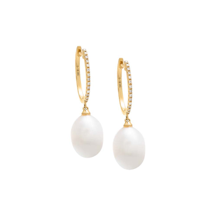 14K Gold Dangling Pearl Oval Diamond Huggie Earring 14K - Adina Eden's Jewels