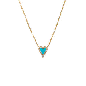 14K Gold / Turquoise Mini Diamond Pave Outline Stone Heart Necklace 14K - Adina Eden's Jewels