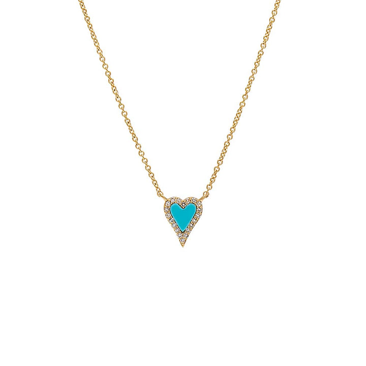 14K Gold / Turquoise Mini Diamond Pave Outline Stone Heart Necklace 14K - Adina Eden's Jewels