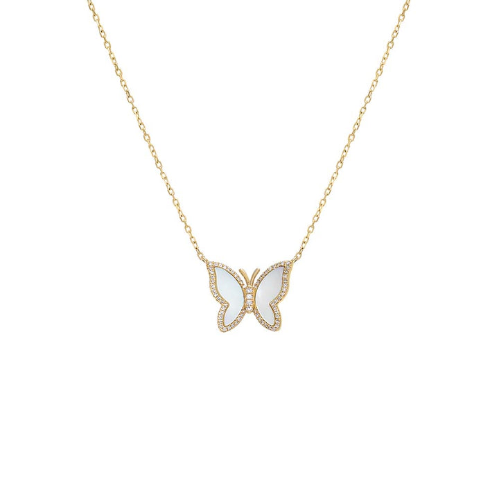 Mother of Pearl Pavé Diamond Outline Stone Butterfly Necklace 14K - Adina Eden's Jewels