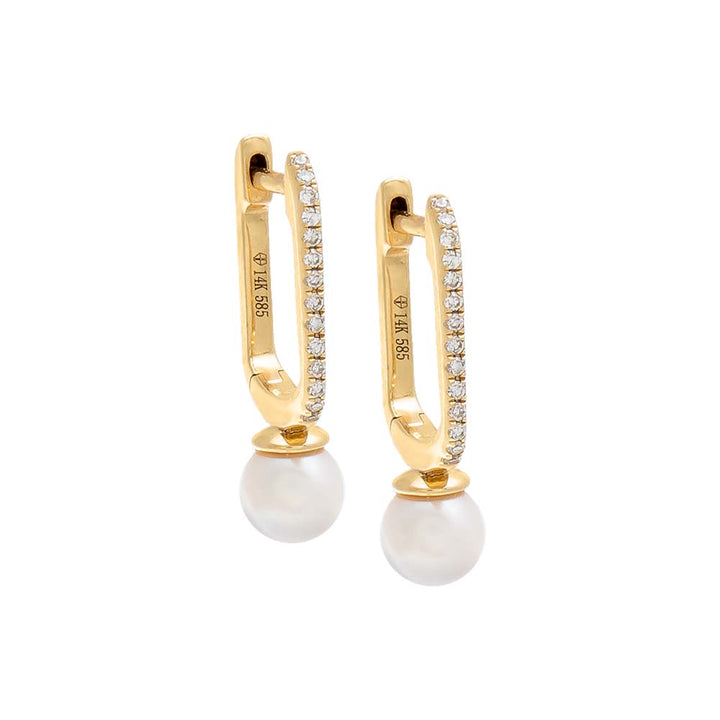 14K Gold Diamond Square Pavé Pearl Huggie Earring 14K - Adina Eden's Jewels