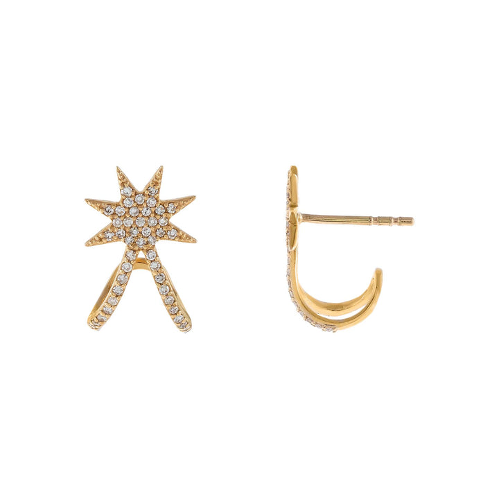 14K Gold / Pair Diamond Starburst Double Huggie Stud Earring 14K - Adina Eden's Jewels
