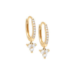 14K Gold / Single Dangling Diamond Trio Cluster Huggie Earring 14K - Adina Eden's Jewels