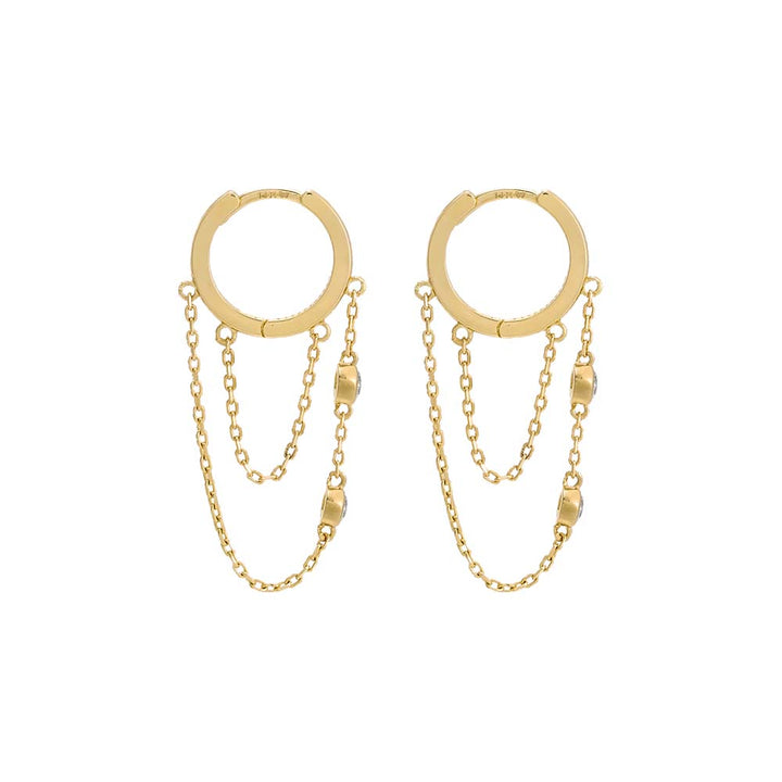  CZ Double Bezel Drop Chain Huggie Earring 14K - Adina Eden's Jewels