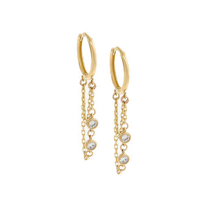 14K Gold / Pair CZ Double Bezel Drop Chain Huggie Earring 14K - Adina Eden's Jewels
