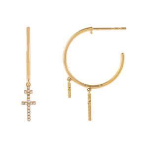 14K Gold Diamond Cross Double Dangle Hoop Earring 14K - Adina Eden's Jewels