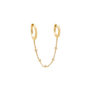 14K Gold / Single Diamond Bezel Station Chain Double Huggie Earring 14K - Adina Eden's Jewels