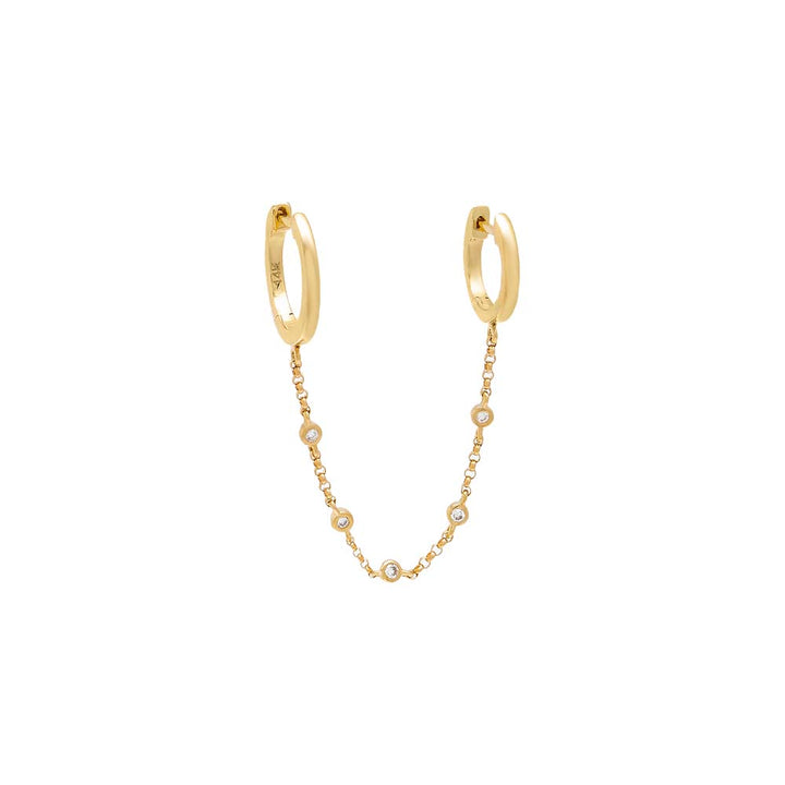 14K Gold / Single Diamond Bezel Station Chain Double Huggie Earring 14K - Adina Eden's Jewels