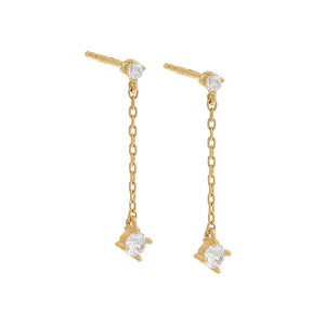 14K Gold / Pair Tiny Solitaire Chain Drop Stud Earring 14K - Adina Eden's Jewels