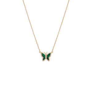 Malachite Mini Diamond Pave Outline Stone Butterfly Necklace 14K - Adina Eden's Jewels