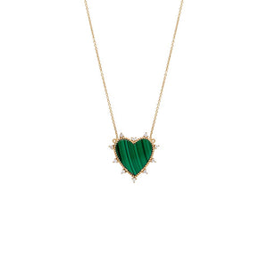 14K Gold / Malachite / 19MM Diamond X Green Malachite Heart Necklace 14K - Adina Eden's Jewels
