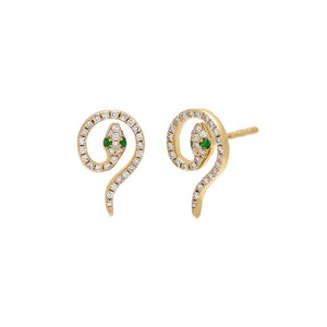  Green Eyed Diamond Serpent Stud Earring 14K - Adina Eden's Jewels