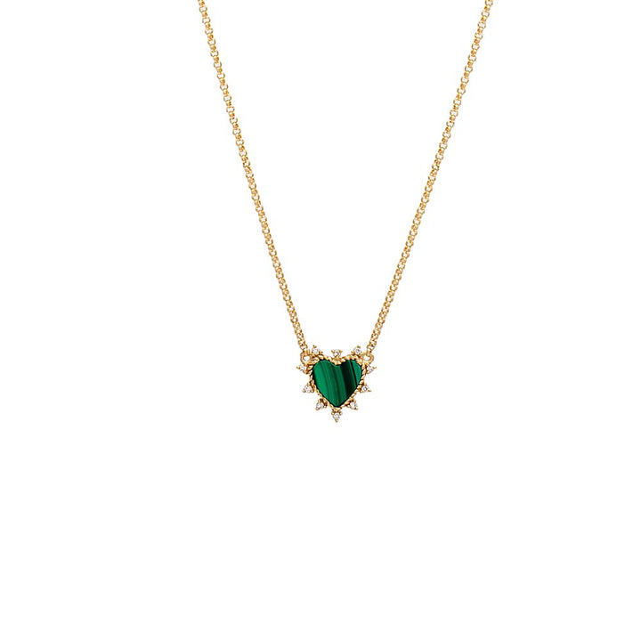 14K Gold / Malachite / 11MM Diamond X Green Malachite Heart Necklace 14K - Adina Eden's Jewels