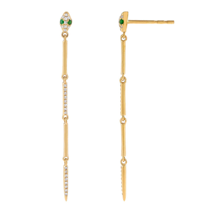 Emerald Green Diamond Snake Bar Drop Stud Earring 14K - Adina Eden's Jewels