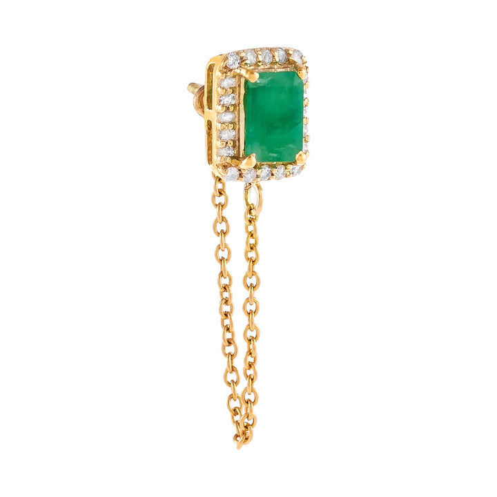 Emerald Green / Single Diamond X Emerald Chain Stud Earring 14K - Adina Eden's Jewels