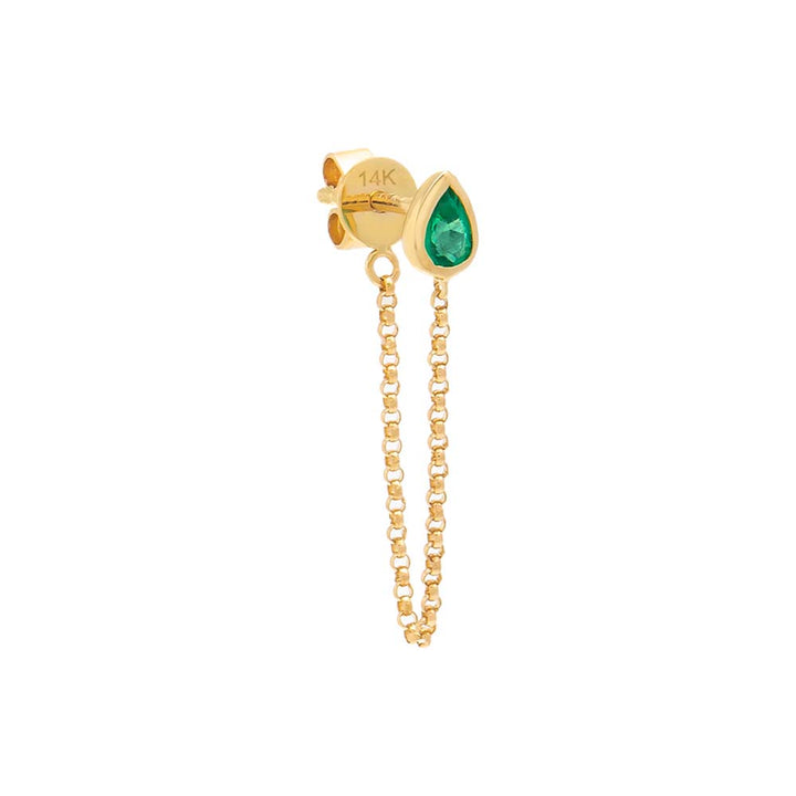 14K Gold / Single Emerald Green Teardrop Bezel Front Back Chain Stud Earring 14K - Adina Eden's Jewels