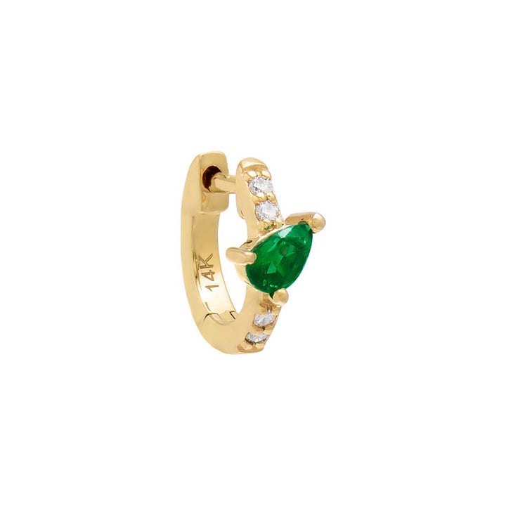14K Gold / Single Emerald Green Teardrop Pave Huggie Earring 14K - Adina Eden's Jewels