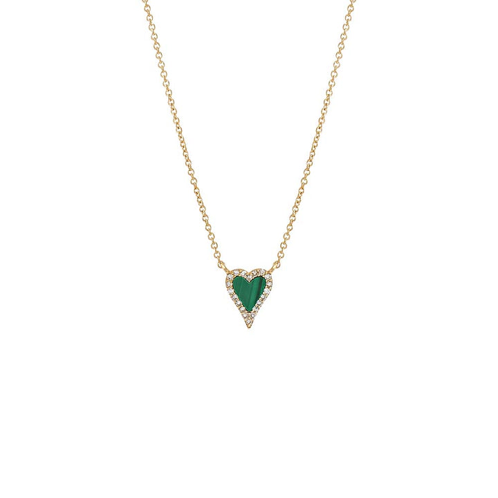 14K Gold / Malachite Mini Diamond Pave Outline Stone Heart Necklace 14K - Adina Eden's Jewels