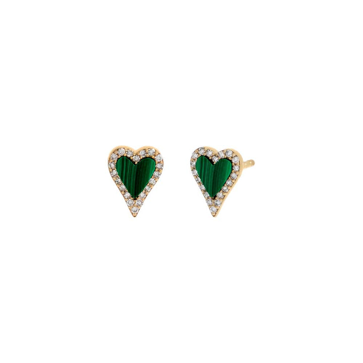 14K Gold / Malachite Mini Diamond Pave Outline Stone Heart Stud Earring 14K - Adina Eden's Jewels