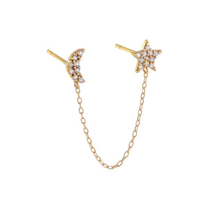 14K Gold / Single Pavé Moon X Star Chain Stud Earring 14K - Adina Eden's Jewels