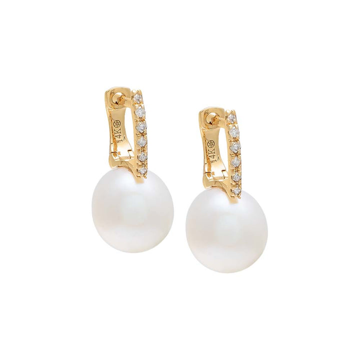 14K Gold Diamond X Pearl Huggie Earring 14K - Adina Eden's Jewels