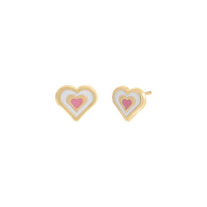 Pink Kids Pink & White Enamel Heart Stud Earring 14K - Adina Eden's Jewels