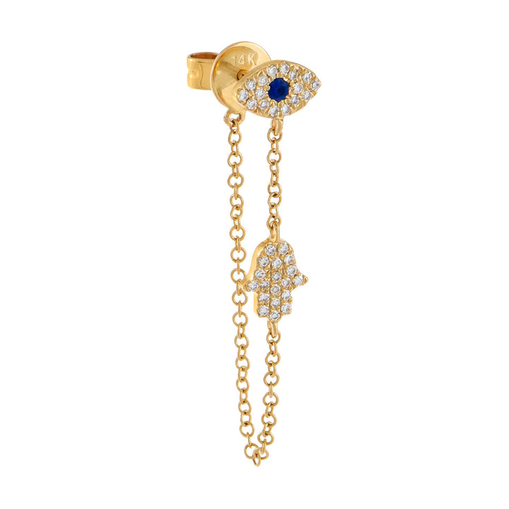 Sapphire Blue / Single Diamond Hamsa X Evil Eye Chain Stud Earring 14K - Adina Eden's Jewels