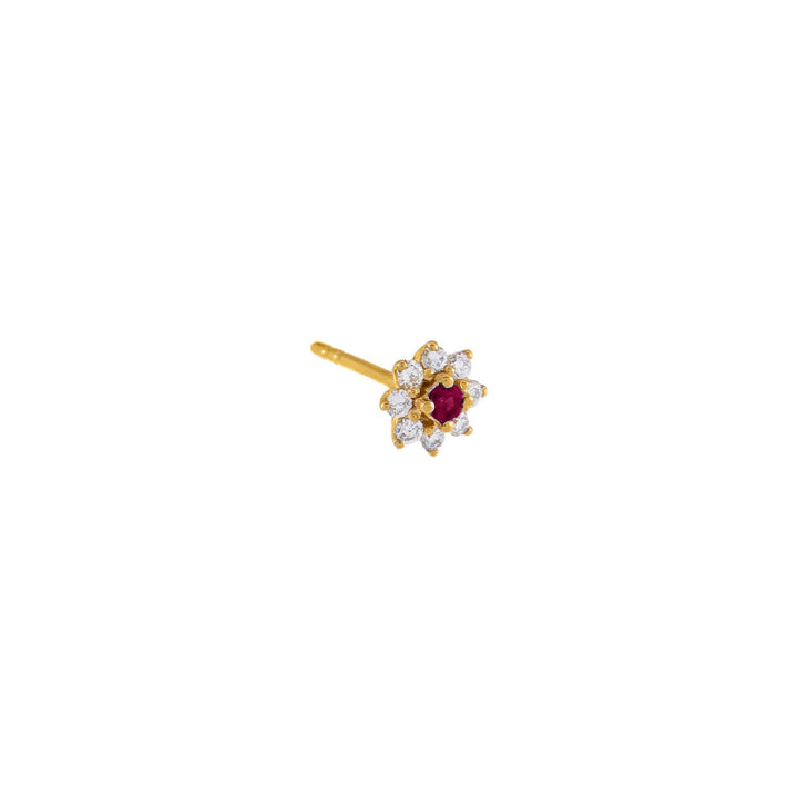 Magenta / Single Diamond X Colored Gemstone Flower Stud Earring 14K - Adina Eden's Jewels