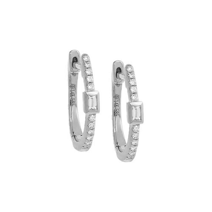 14K White Gold / Pair Pavé Diamond & Baguette Bezel Huggie Earring 14K - Adina Eden's Jewels