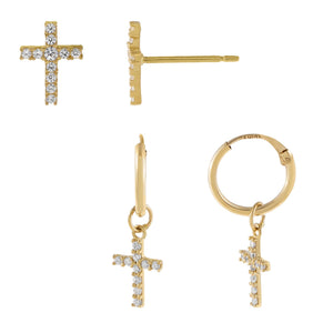 14K Gold CZ Cross Earring Combo Set 14K - Adina Eden's Jewels