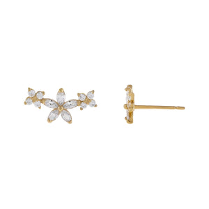 14K Gold CZ Triple Flower Stud Earring 14K - Adina Eden's Jewels