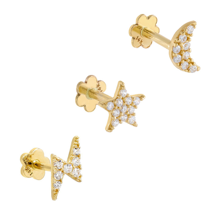 14K Gold Pavé Celestial Stud Earring Combo Set 14K - Adina Eden's Jewels