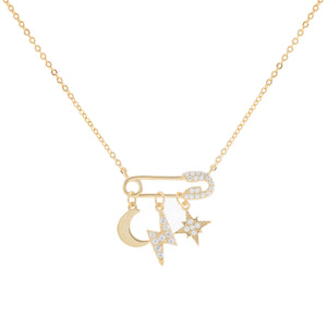 Gold Safety Pin X Charms Necklace - Adina Eden's Jewels