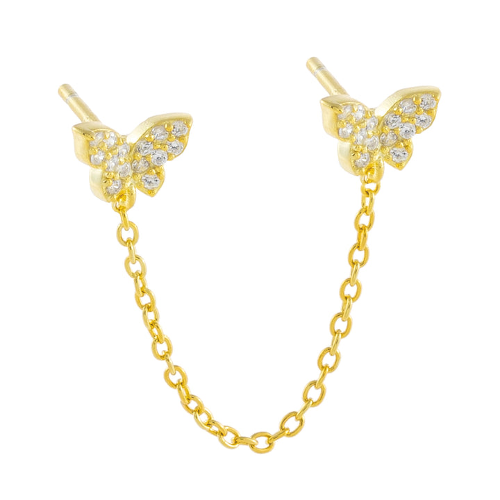Gold / Single Pavé Double Butterfly Chain Stud Earring - Adina Eden's Jewels