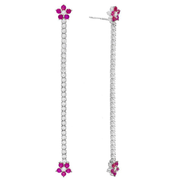 Silver / Magenta Tennis Flower Drop Stud Earring - Adina Eden's Jewels