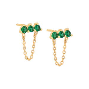 Emerald Green / Pair / 9MM 3 Prong Bar Chain Stud Earring - Adina Eden's Jewels
