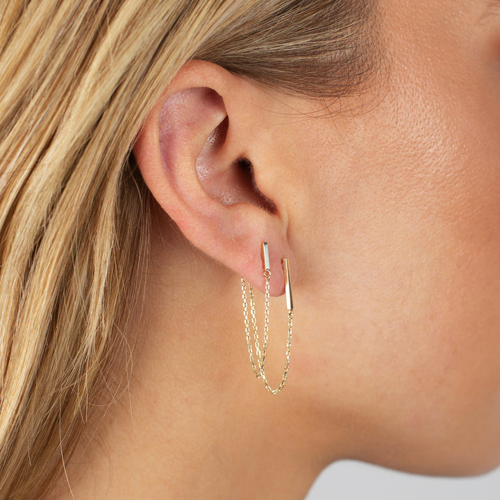  Solid Bar Chain Front Back Drop Stud Earring 14K - Adina Eden's Jewels