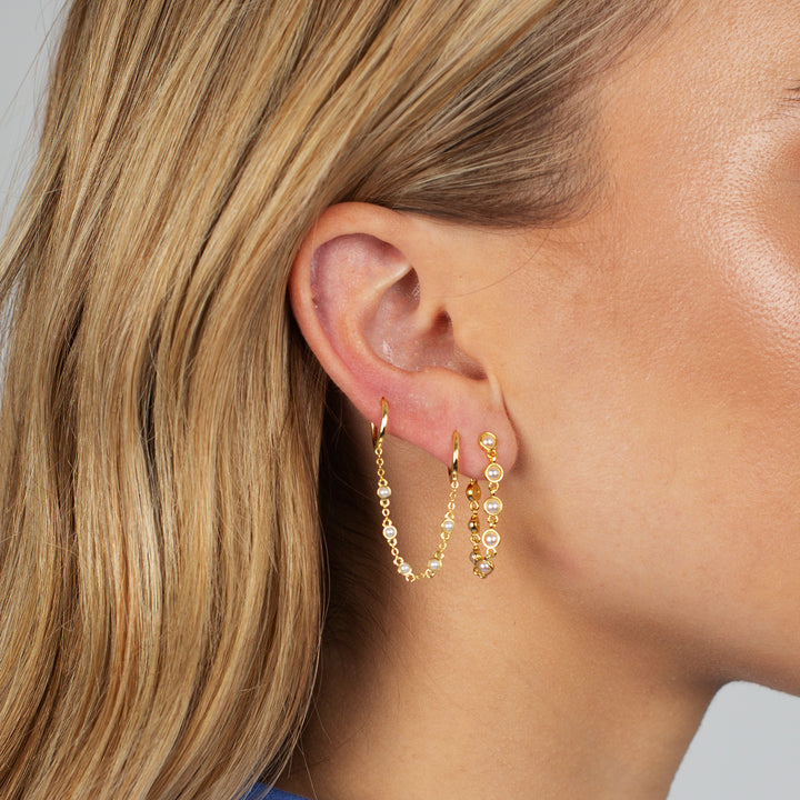  Tiny Double Pearl Chain Huggie Earring - Adina Eden's Jewels