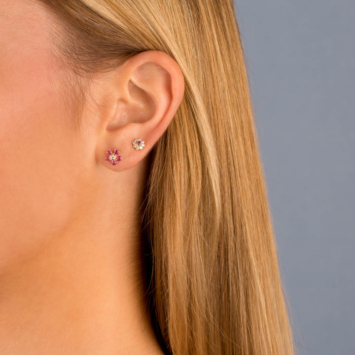  Diamond X Ruby Flower Stud Earring 14K - Adina Eden's Jewels