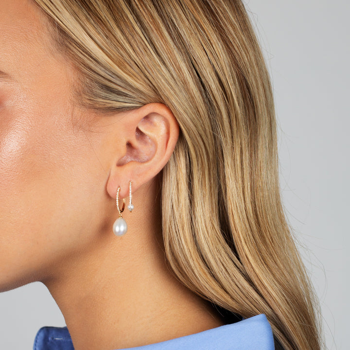  Diamond Oval Pavé Pearl Huggie Earring 14K - Adina Eden's Jewels