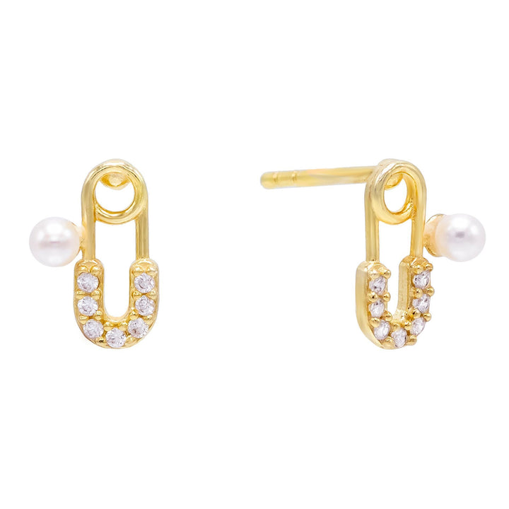 Pearl White CZ Pearl Safety Pin Stud Earring - Adina Eden's Jewels