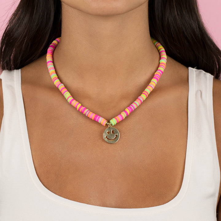  Neon Multi Color Bead Smiley Face Necklace - Adina Eden's Jewels