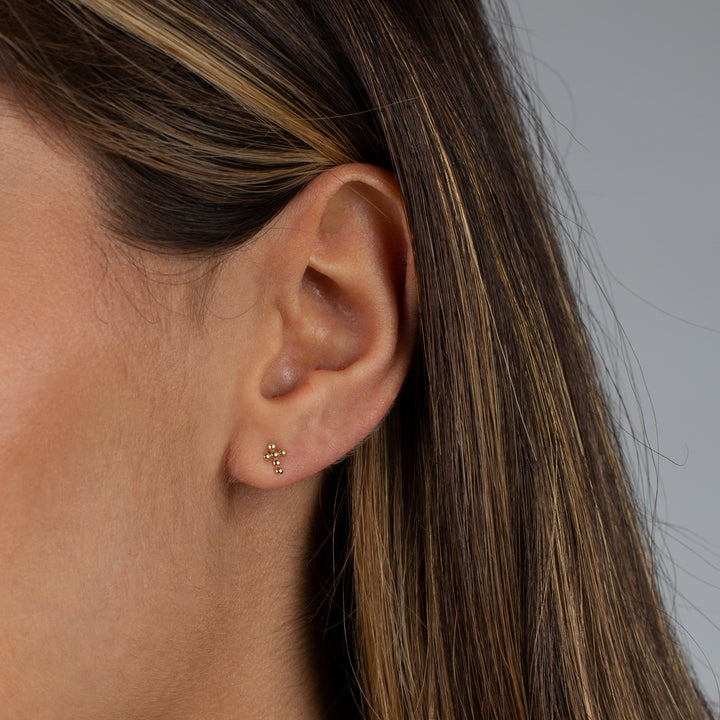  Mini Solid Beaded Cross Stud Earring 14K - Adina Eden's Jewels