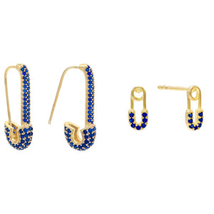 Sapphire Blue CZ Safety Pin Earring Combo Set - Adina Eden's Jewels