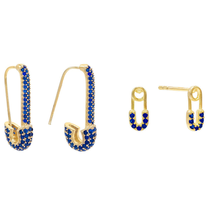 Sapphire Blue CZ Safety Pin Earring Combo Set - Adina Eden's Jewels