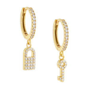 Gold CZ Pavé Key X Lock Huggie Earring - Adina Eden's Jewels