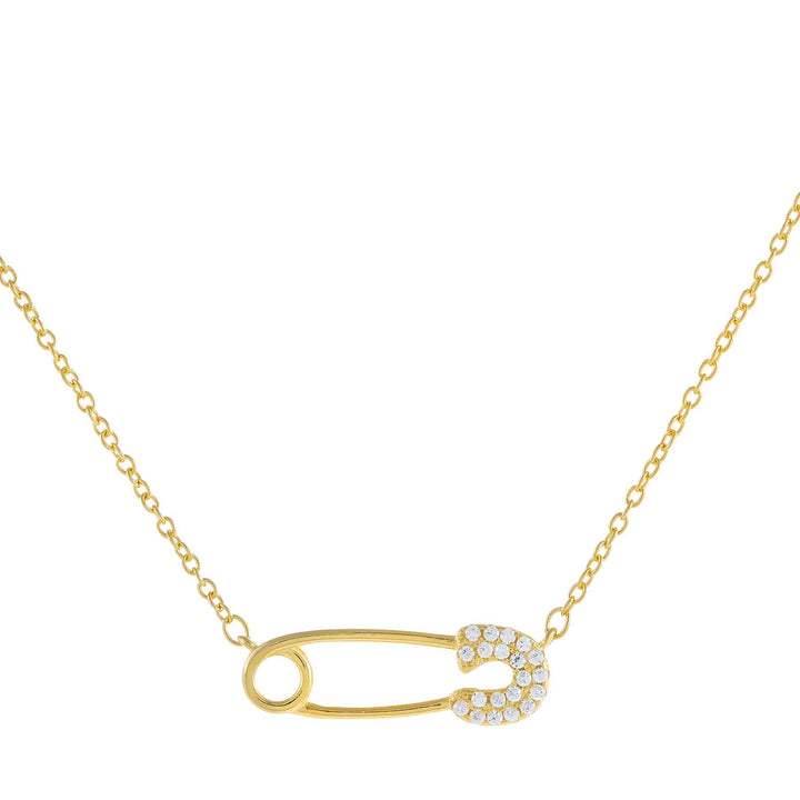 Gold Large CZ Safety Pin Necklace - Adina Eden's Jewels